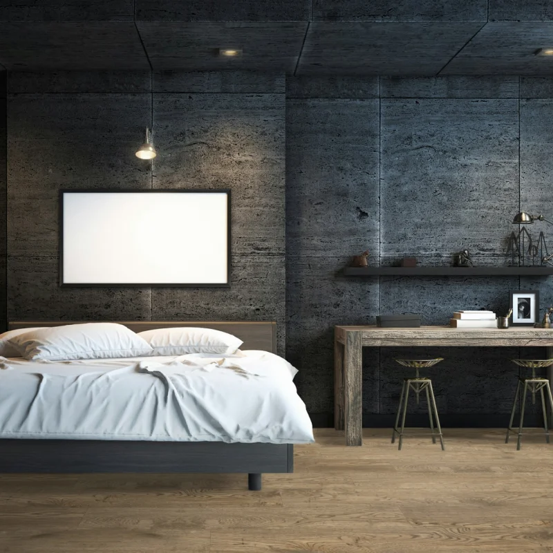 dark themed bedroom with laminate floors