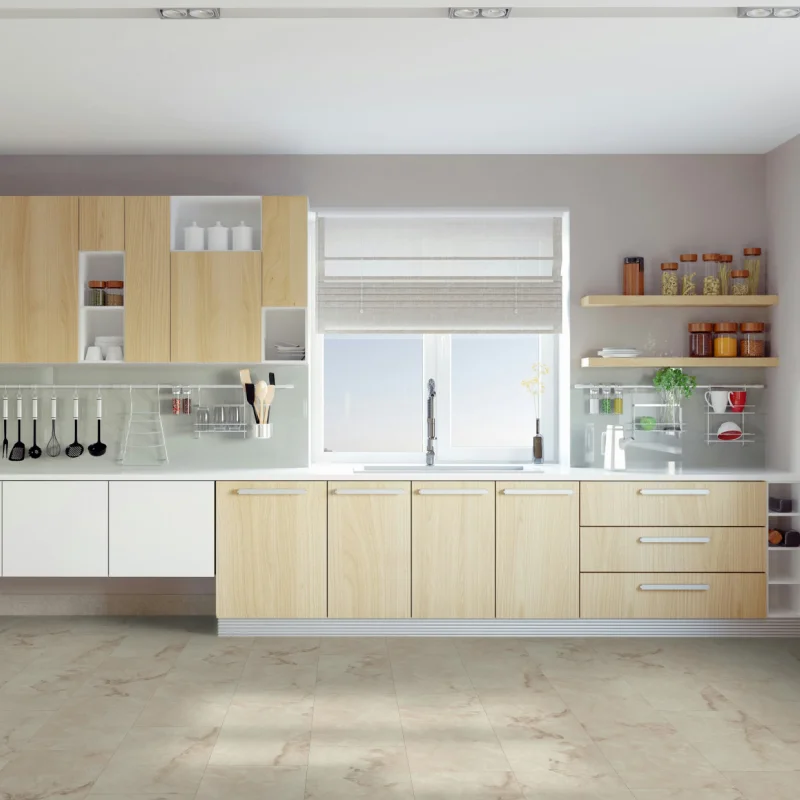 vinyl-flooring-in-contemporary-kitchen-with light-cabinets