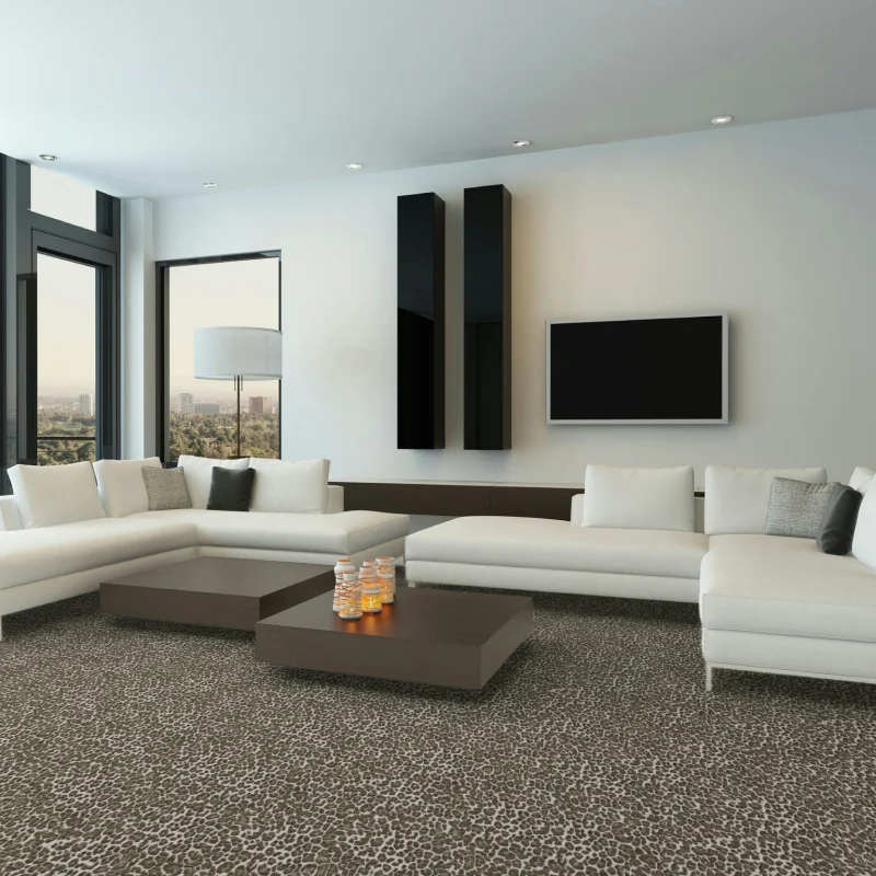 modern living room with white couches and patterned carpet